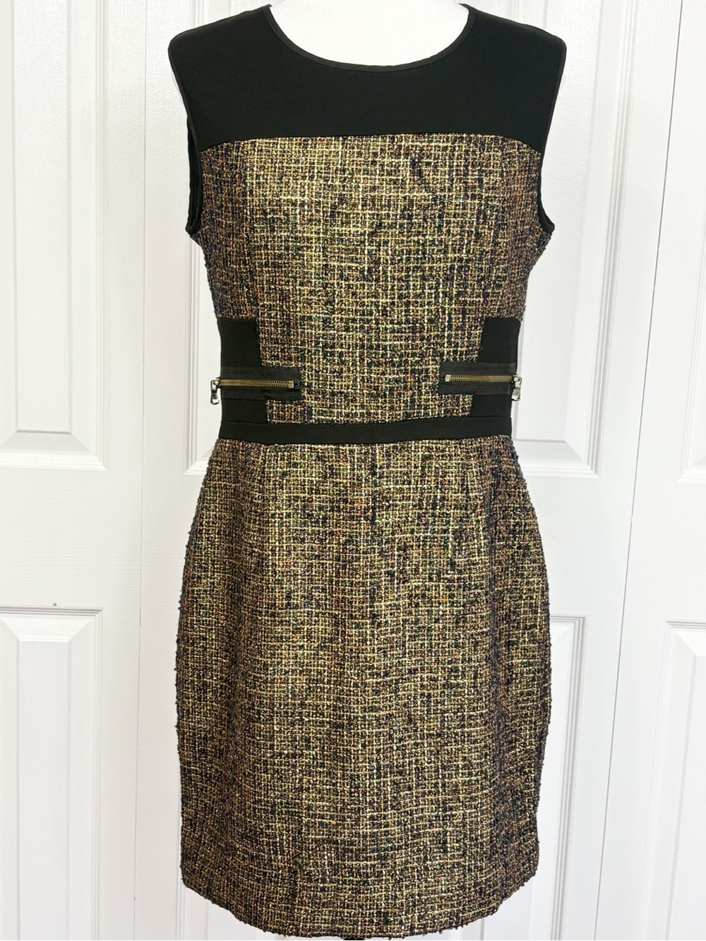 NWT Kenneth Cole Black & Gold Boucle Tweed Ponte Mini Sheath Dress 12